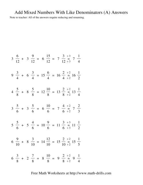 adding mixed fractions like denominators renaming reducing a