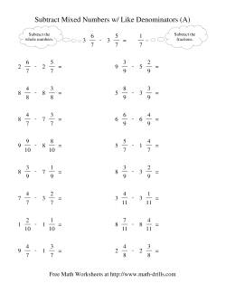 Subtracting Mixed Fractions -- Like Denominators No Reducing No Renaming