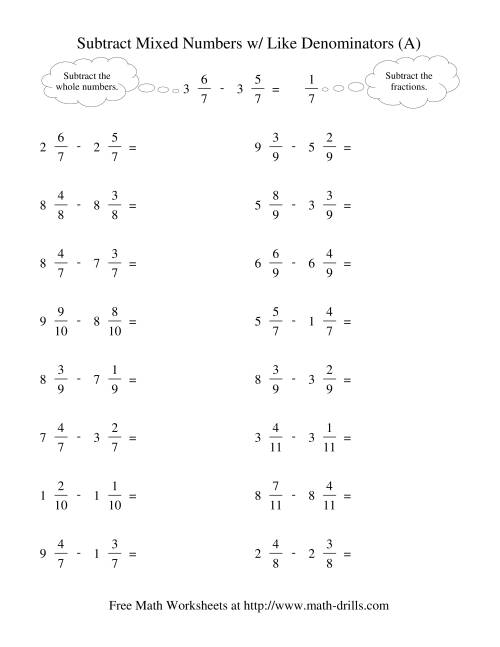 The Subtracting Mixed Fractions -- Like Denominators No Reducing No Renaming (A) Math Worksheet