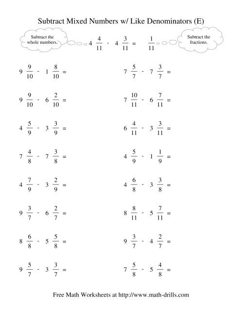 The Subtracting Mixed Fractions -- Like Denominators No Reducing No Renaming (E) Math Worksheet