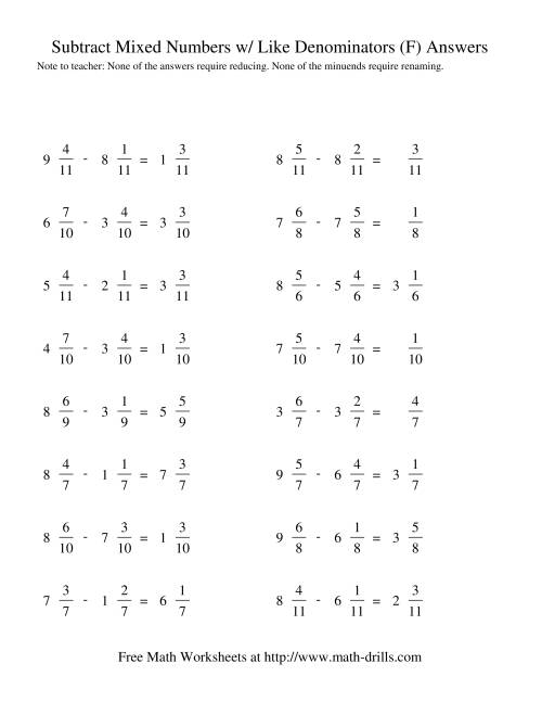 subtracting mixed fractions like denominators no