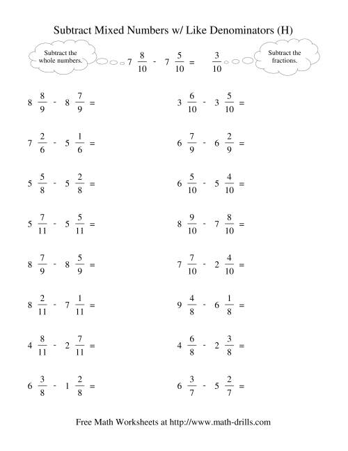 The Subtracting Mixed Fractions -- Like Denominators No Reducing No Renaming (H) Math Worksheet
