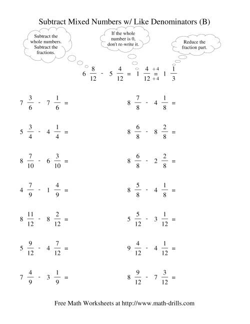 The Subtracting Mixed Fractions -- Like Denominators Reducing No Renaming (B) Math Worksheet