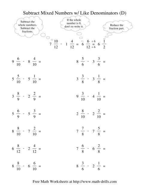 The Subtracting Mixed Fractions -- Like Denominators Reducing No Renaming (D) Math Worksheet