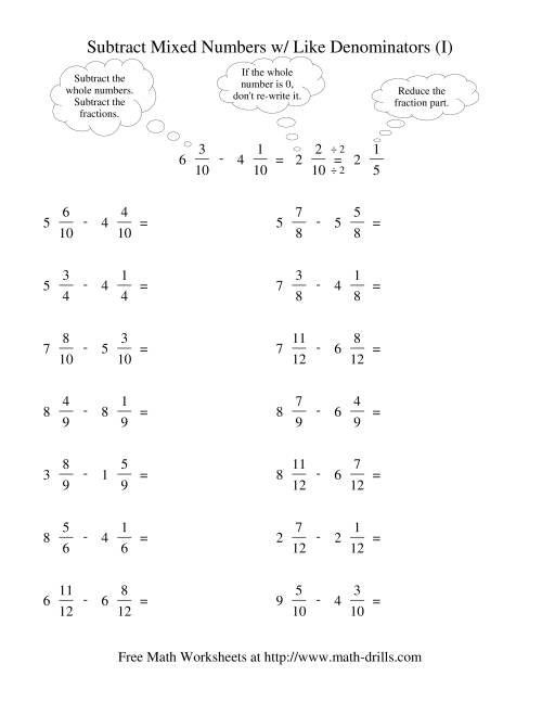 The Subtracting Mixed Fractions -- Like Denominators Reducing No Renaming (I) Math Worksheet