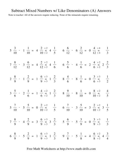 The Subtracting Mixed Fractions -- Like Denominators Reducing No Renaming (All) Math Worksheet Page 2