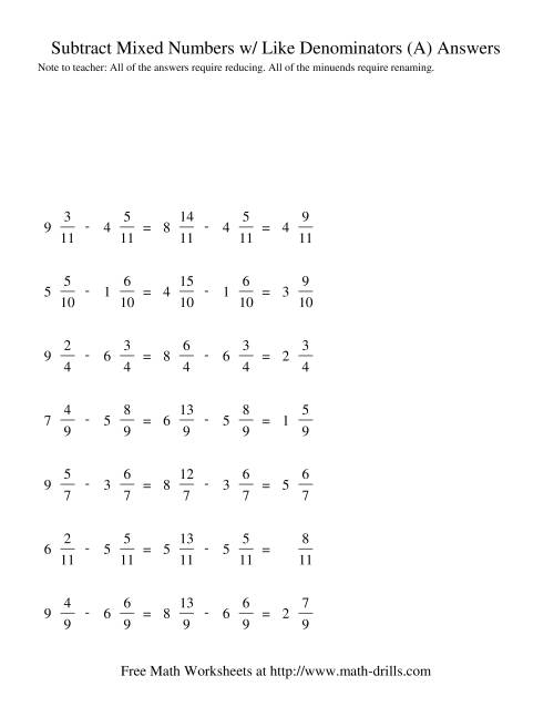 The Subtracting Mixed Fractions -- Like Denominators Renaming No Reducing (A) Math Worksheet Page 2