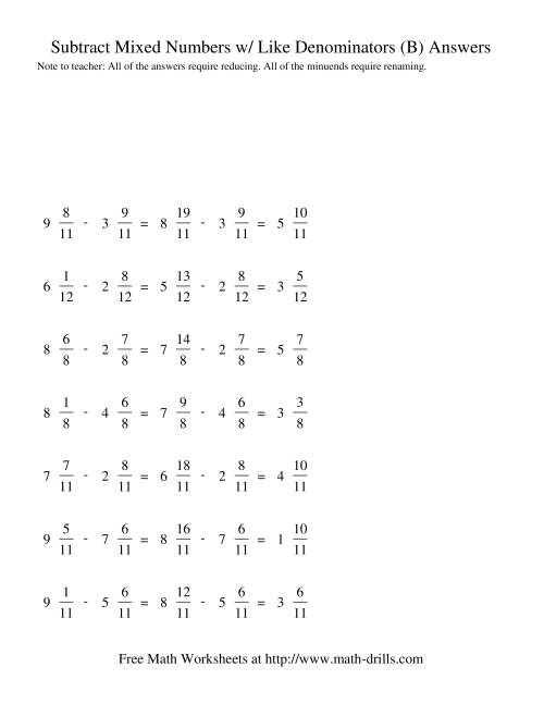 Subtracting Mixed Fractions -- Like Denominators Renaming No Reducing (B)