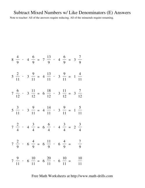 The Subtracting Mixed Fractions -- Like Denominators Renaming No Reducing (E) Math Worksheet Page 2
