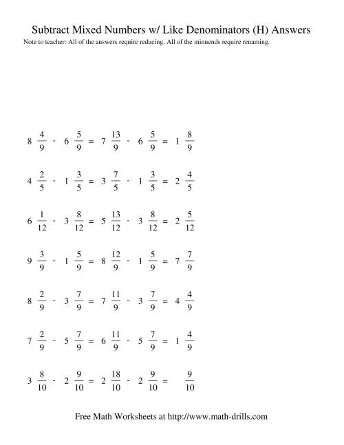 The Subtracting Mixed Fractions -- Like Denominators Renaming No Reducing (H) Math Worksheet Page 2