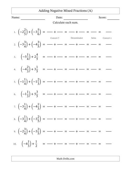 The Adding Negative Mixed Fractions with Unlike Denominators Up to Sixths, Mixed Fraction Results and No Simplifying (Fillable) (A) Math Worksheet