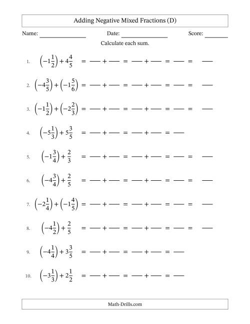 The Adding Negative Mixed Fractions with Unlike Denominators Up to Sixths, Mixed Fraction Results and No Simplifying (Fillable) (D) Math Worksheet
