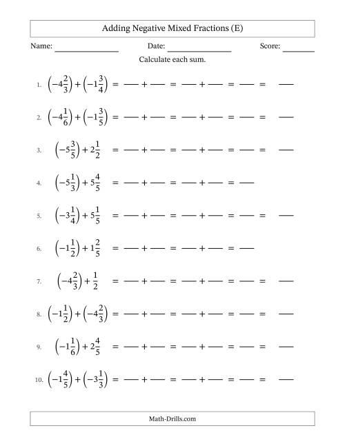 Adding Negative Mixed Fractions With Denominators To Sixths (e)