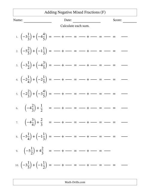 Adding Negative Mixed Fractions with Denominators to Sixths (F)