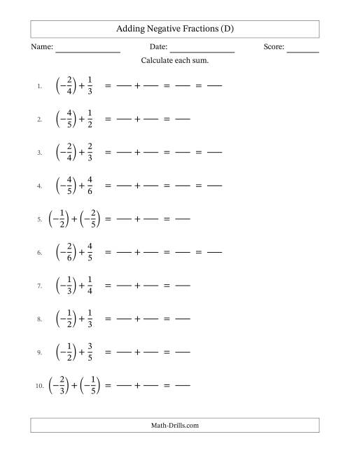 Adding Negative Fractions with Denominators to Sixths (D)