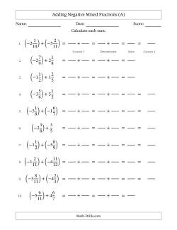 Adding Negative Mixed Fractions with Unlike Denominators Up to Twelfths, Mixed Fraction Results and No Simplifying (Fillable)