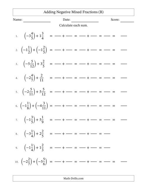 The Adding Negative Mixed Fractions with Unlike Denominators Up to Twelfths, Mixed Fraction Results and No Simplifying (Fillable) (B) Math Worksheet