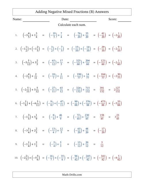 The Adding Negative Mixed Fractions with Unlike Denominators Up to Twelfths, Mixed Fraction Results and No Simplifying (Fillable) (B) Math Worksheet Page 2