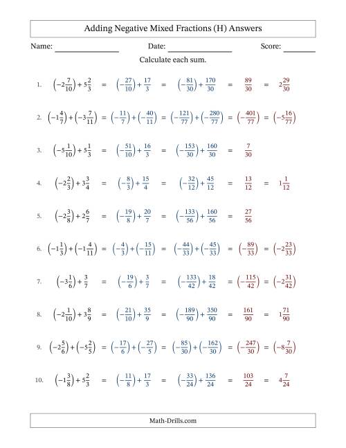 The Adding Negative Mixed Fractions with Unlike Denominators Up to Twelfths, Mixed Fraction Results and No Simplifying (Fillable) (H) Math Worksheet Page 2