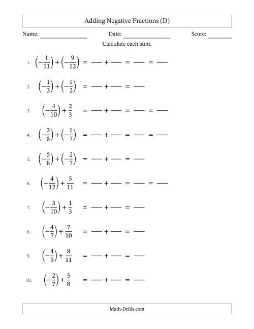 The Adding Negative Proper Fractions with Unlike Denominators Up to Twelfths, Proper Fraction Results and Some Simplifying (Fillable) (D) Math Worksheet