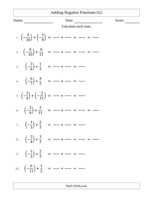 The Adding Negative Proper Fractions with Unlike Denominators Up to Twelfths, Proper Fraction Results and Some Simplifying (Fillable) (G) Math Worksheet