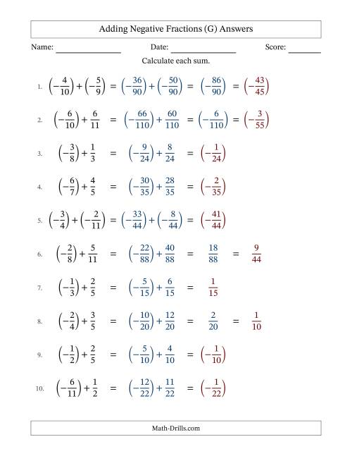 The Adding Negative Proper Fractions with Unlike Denominators Up to Twelfths, Proper Fraction Results and Some Simplifying (Fillable) (G) Math Worksheet Page 2