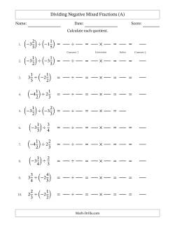 Dividing Negative Mixed Fractions with Denominators Up to Sixths, Mixed Fractions Results and No Simplifying (Fillable)