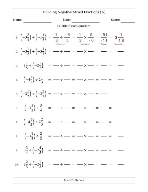 The Dividing Negative Mixed Fractions with Denominators Up to Sixths, Mixed Fractions Results and No Simplifying (Fillable) (All) Math Worksheet