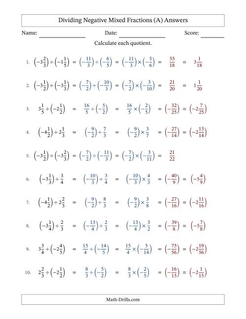 The Dividing Negative Mixed Fractions with Denominators Up to Sixths, Mixed Fractions Results and No Simplifying (Fillable) (All) Math Worksheet Page 2
