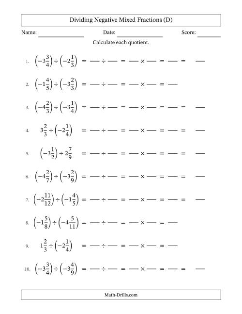 The Dividing Negative Mixed Fractions with Denominators Up to Twelfths, Mixed Fractions Results and No Simplifying (Fillable) (D) Math Worksheet
