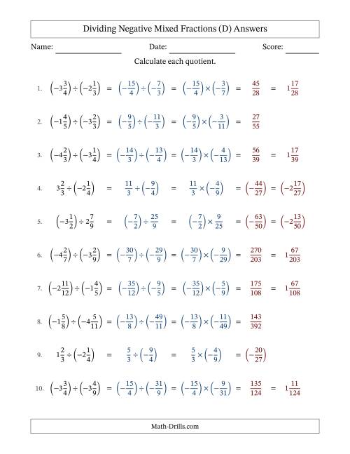 The Dividing Negative Mixed Fractions with Denominators Up to Twelfths, Mixed Fractions Results and No Simplifying (Fillable) (D) Math Worksheet Page 2