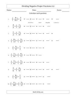 Dividing Negative Proper Fractions with Denominators Up to Twelfths, Mixed Fractions Results and Some Simplifying (Fillable)