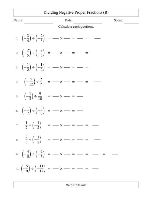 The Dividing Negative Proper Fractions with Denominators Up to Twelfths, Mixed Fractions Results and Some Simplifying (Fillable) (B) Math Worksheet