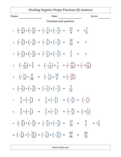 The Dividing Negative Proper Fractions with Denominators Up to Twelfths, Mixed Fractions Results and Some Simplifying (Fillable) (B) Math Worksheet Page 2