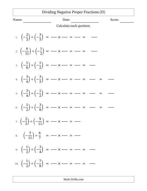 The Dividing Negative Proper Fractions with Denominators Up to Twelfths, Mixed Fractions Results and Some Simplifying (Fillable) (D) Math Worksheet
