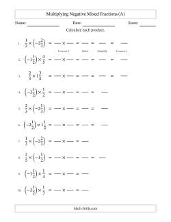 Multiplying Negative Mixed Fractions with Denominators Up to Sixths, Mixed Fractions Results and Some Simplifying (Fillable)