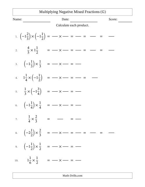 The Multiplying Negative Mixed Fractions with Denominators Up to Sixths, Mixed Fractions Results and Some Simplifying (Fillable) (G) Math Worksheet