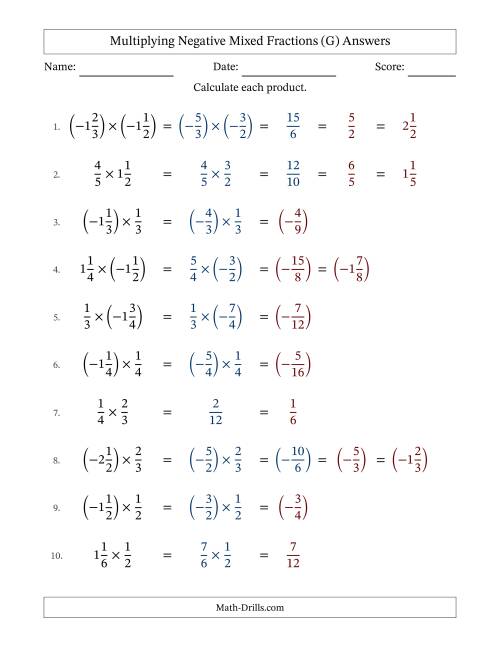 The Multiplying Negative Mixed Fractions with Denominators Up to Sixths, Mixed Fractions Results and Some Simplifying (Fillable) (G) Math Worksheet Page 2