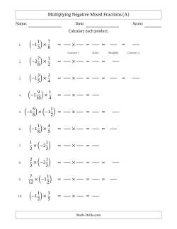 Multiplying Negative Mixed Fractions with Denominators Up to Twelfths, Mixed Fractions Results and Some Simplifying (Fillable)