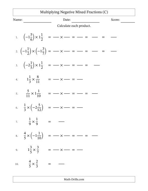 The Multiplying Negative Mixed Fractions with Denominators Up to Twelfths, Mixed Fractions Results and Some Simplifying (Fillable) (C) Math Worksheet