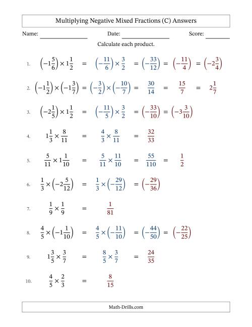 The Multiplying Negative Mixed Fractions with Denominators Up to Twelfths, Mixed Fractions Results and Some Simplifying (Fillable) (C) Math Worksheet Page 2