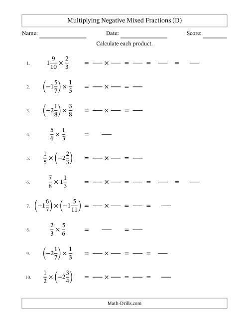 The Multiplying Negative Mixed Fractions with Denominators Up to Twelfths, Mixed Fractions Results and Some Simplifying (Fillable) (D) Math Worksheet