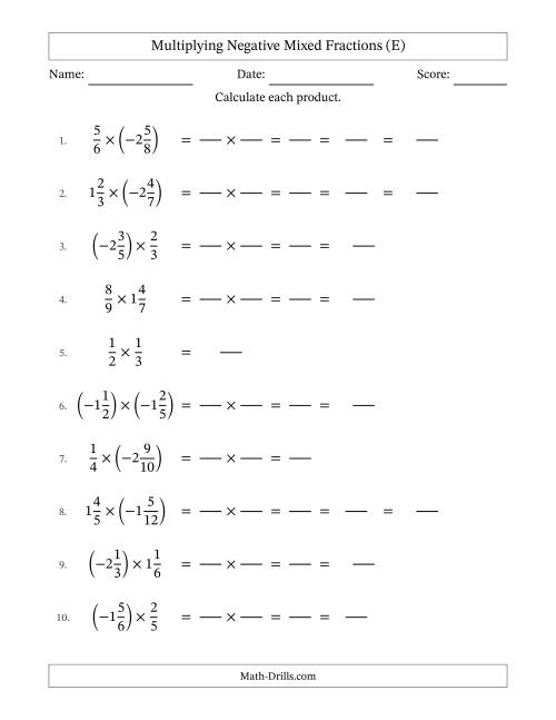 The Multiplying Negative Mixed Fractions with Denominators Up to Twelfths, Mixed Fractions Results and Some Simplifying (Fillable) (E) Math Worksheet