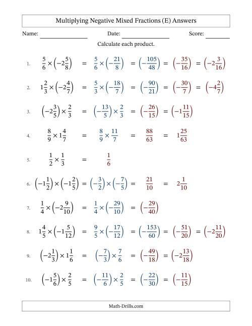 The Multiplying Negative Mixed Fractions with Denominators Up to Twelfths, Mixed Fractions Results and Some Simplifying (Fillable) (E) Math Worksheet Page 2