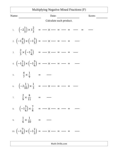 The Multiplying Negative Mixed Fractions with Denominators Up to Twelfths, Mixed Fractions Results and Some Simplifying (Fillable) (F) Math Worksheet