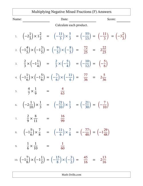 The Multiplying Negative Mixed Fractions with Denominators Up to Twelfths, Mixed Fractions Results and Some Simplifying (Fillable) (F) Math Worksheet Page 2