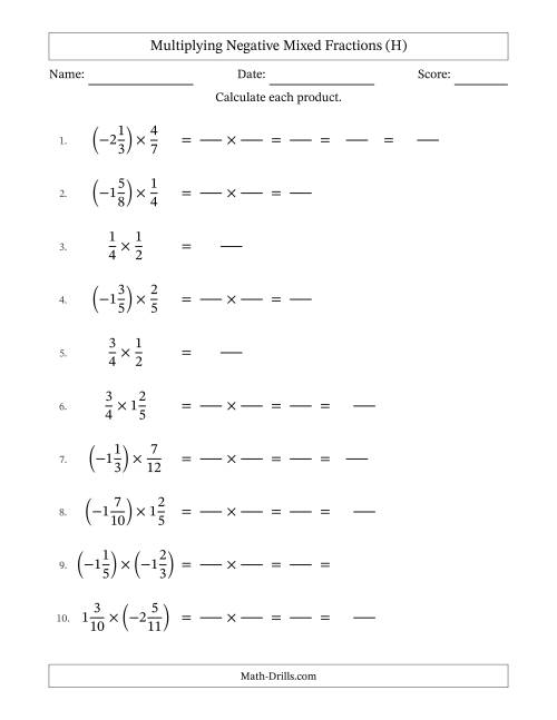 The Multiplying Negative Mixed Fractions with Denominators Up to Twelfths, Mixed Fractions Results and Some Simplifying (Fillable) (H) Math Worksheet
