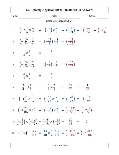 The Multiplying Negative Mixed Fractions with Denominators Up to Twelfths, Mixed Fractions Results and Some Simplifying (Fillable) (H) Math Worksheet Page 2