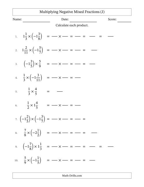The Multiplying Negative Mixed Fractions with Denominators Up to Twelfths, Mixed Fractions Results and Some Simplifying (Fillable) (J) Math Worksheet