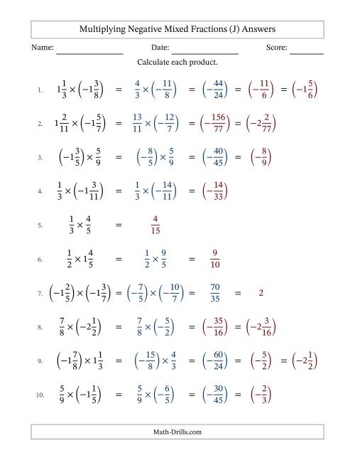The Multiplying Negative Mixed Fractions with Denominators Up to Twelfths, Mixed Fractions Results and Some Simplifying (Fillable) (J) Math Worksheet Page 2